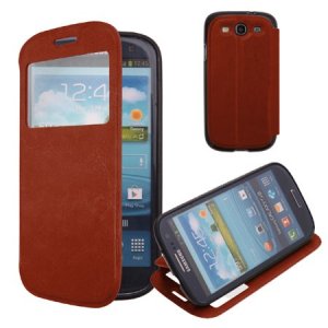 CUSTODIA FLIP ORIZZONTALE PELLE per SAMSUNG I9300 GALAXY S3 CON STAND, FINESTRA ID ED INTERNO IN TPU COLORE MARRONE