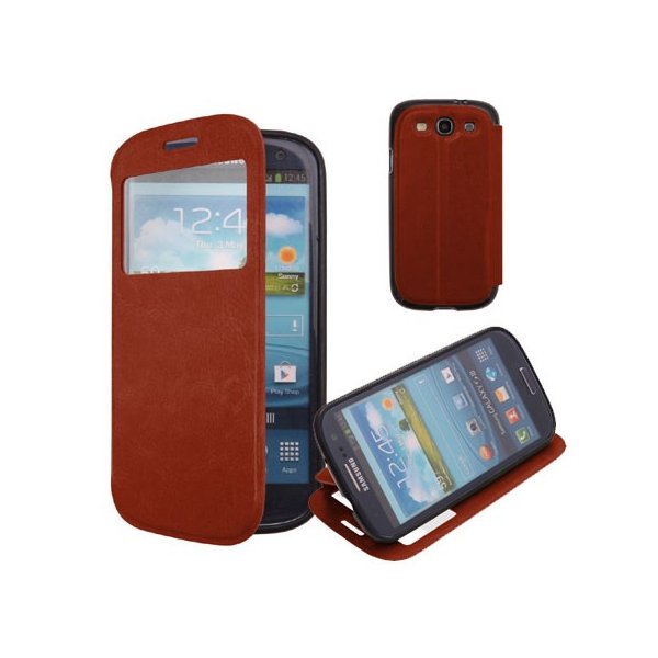 CUSTODIA FLIP ORIZZONTALE PELLE per SAMSUNG I9300 GALAXY S3 CON STAND, FINESTRA ID ED INTERNO IN TPU COLORE MARRONE