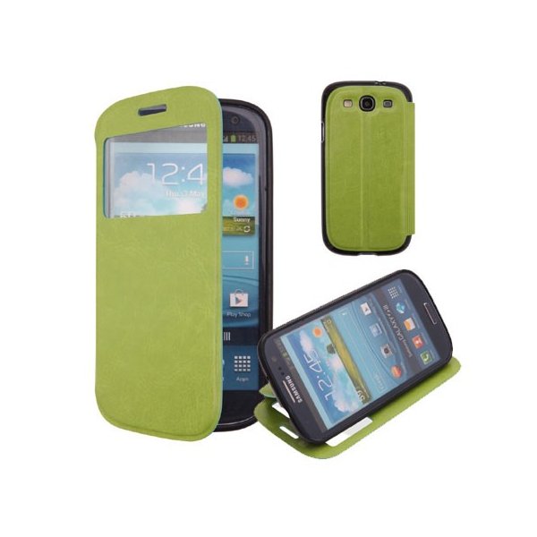 CUSTODIA FLIP ORIZZONTALE PELLE per SAMSUNG I9300 GALAXY S3 CON STAND, FINESTRA ID ED INTERNO IN TPU COLORE VERDE