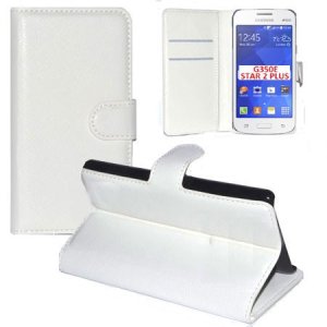 CUSTODIA FLIP ORIZZONTALE PELLE per SAMSUNG G350E GALAXY STAR 2 PLUS CON STAND E TASCHE PORTA CARTE COLORE BIANCO