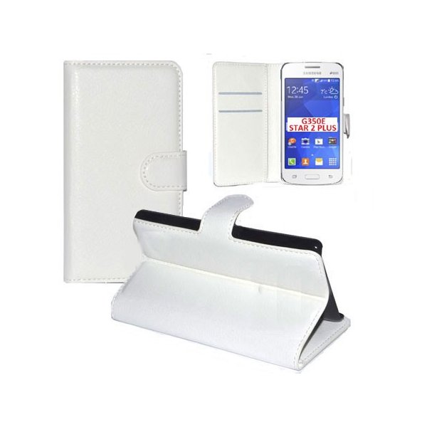 CUSTODIA FLIP ORIZZONTALE PELLE per SAMSUNG G350E GALAXY STAR 2 PLUS CON STAND E TASCHE PORTA CARTE COLORE BIANCO