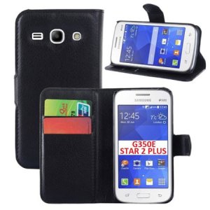 CUSTODIA FLIP ORIZZONTALE PELLE per SAMSUNG G350E GALAXY STAR 2 PLUS CON STAND E TASCHE PORTA CARTE COLORE NERO