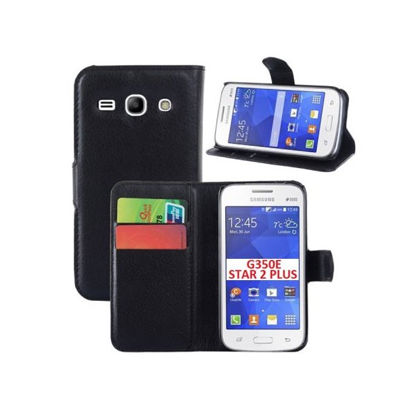 CUSTODIA FLIP ORIZZONTALE PELLE per SAMSUNG G350E GALAXY STAR 2 PLUS CON STAND E TASCHE PORTA CARTE COLORE NERO