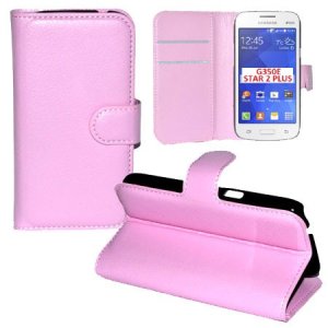 CUSTODIA FLIP ORIZZONTALE PELLE per SAMSUNG G350E GALAXY STAR 2 PLUS CON STAND E TASCHE PORTA CARTE COLORE ROSA