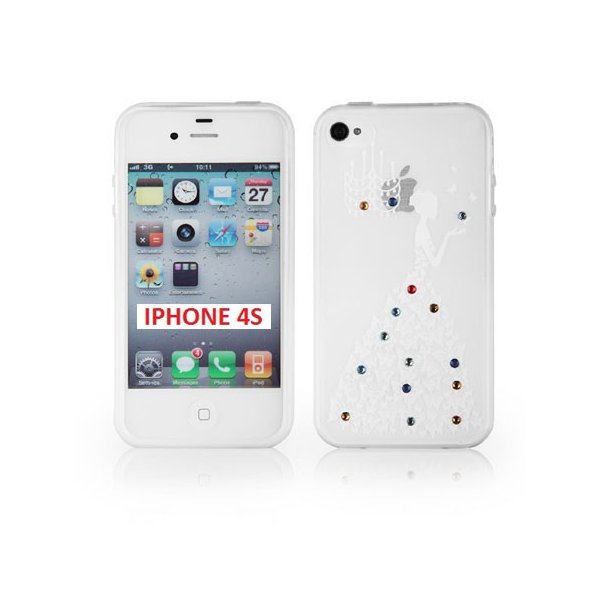 CUSTODIA TPU SILICONE per APPLE IPHONE 4, IPHONE 4s FANTASIA PRINCIPESSA CON STRASS SU SFUMATURA COLORE BIANCO