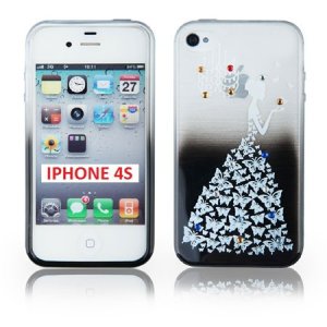 CUSTODIA TPU SILICONE per APPLE IPHONE 4, IPHONE 4s FANTASIA PRINCIPESSA CON STRASS SU SFUMATURA COLORE NERO