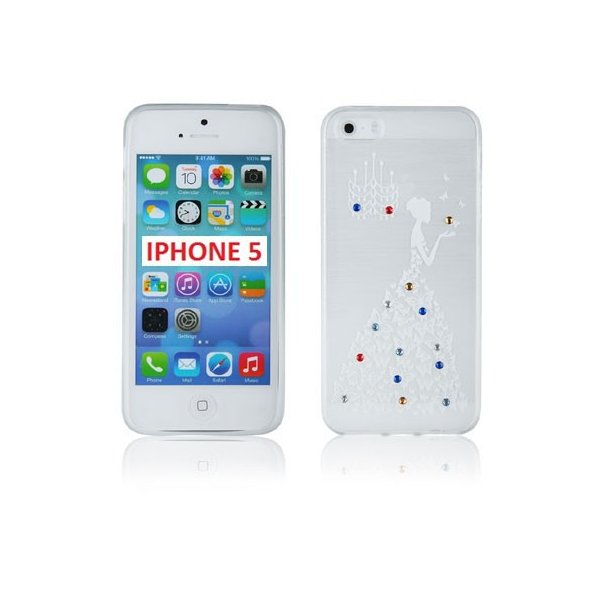 CUSTODIA TPU SILICONE per APPLE IPHONE 5, 5 S FANTASIA PRINCIPESSA CON STRASS SU SFUMATURA COLORE BIANCO