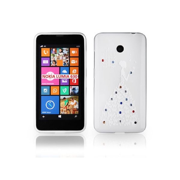 CUSTODIA TPU SILICONE per NOKIA LUMIA 630 FANTASIA PRINCIPESSA CON STRASS SU SFUMATURA COLORE BIANCO