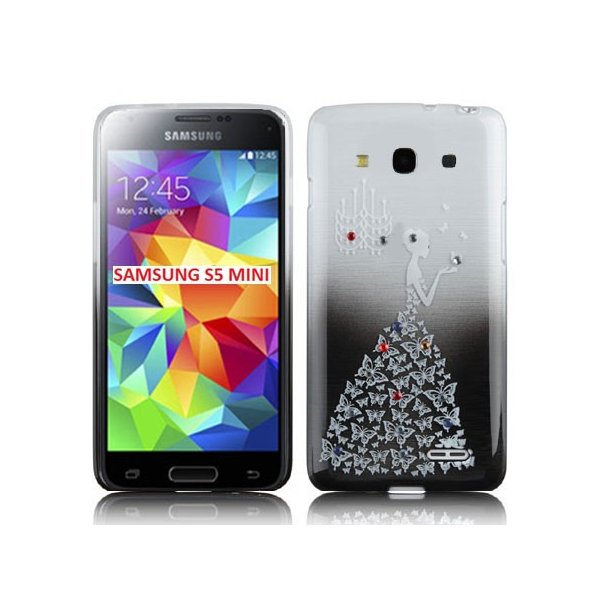 CUSTODIA TPU SILICONE per SAMSUNG G800 GALAXY S5 MINI FANTASIA PRINCIPESSA CON STRASS SU SFUMATURA COLORE NERO