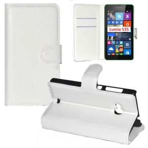 CUSTODIA FLIP ORIZZONTALE SIMILPELLE per MICROSOFT LUMIA 535 CON STAND, TASCHE PORTA CARTE E CHIUSURA MAGNETICA COLORE BIANCO