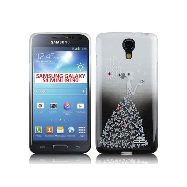 CUSTODIA TPU SILICONE per SAMSUNG I9190 GALAXY S4 MINI FANTASIA PRINCIPESSA CON STRASS SU SFUMATURA COLORE NERO