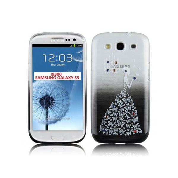 CUSTODIA TPU SILICONE per SAMSUNG I9300 GALAXY S3, I9300i S3 NEO FANTASIA PRINCIPESSA CON STRASS SU SFUMATURA NERA