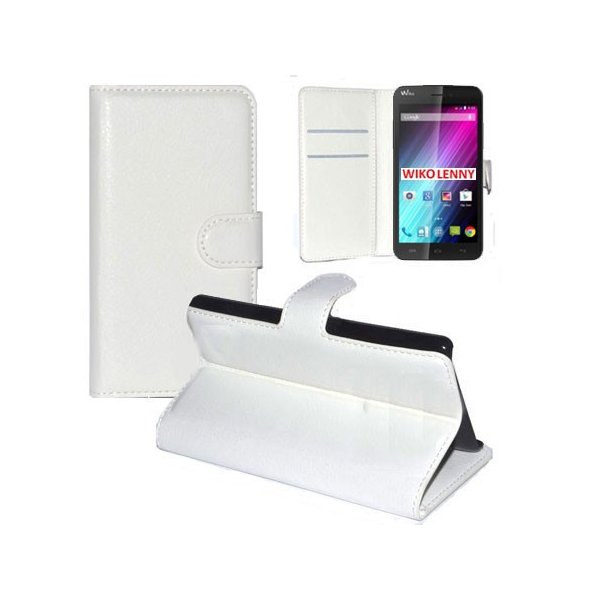 CUSTODIA FLIP ORIZZONTALE PELLE per WIKO LENNY CON TASCHE PORTA CARTE E STAND COLORE BIANCO