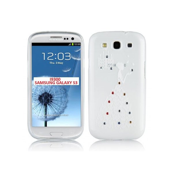 CUSTODIA TPU SILICONE per SAMSUNG I9300 GALAXY S3, I9300i S3 NEO FANTASIA PRINCIPESSA CON STRASS SU SFUMATURA BIANCA