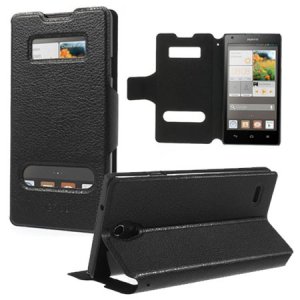 CUSTODIA FLIP ORIZZONTALE SLIM per HUAWEI ASCEND G700 CON DOPPIA FINESTRA ID E STAND COLORE NERO