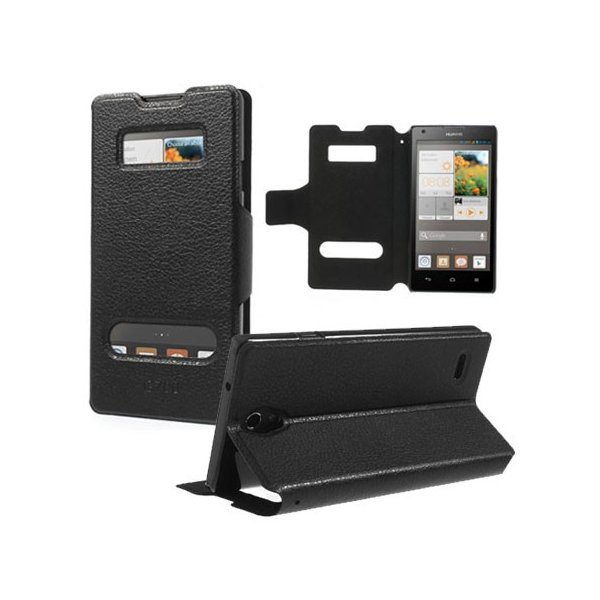 CUSTODIA FLIP ORIZZONTALE SLIM per HUAWEI ASCEND G700 CON DOPPIA FINESTRA ID E STAND COLORE NERO