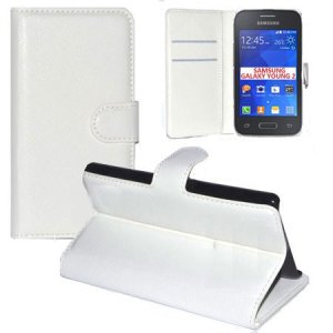 CUSTODIA FLIP ORIZZONTALE PELLE per SAMSUNG G130 GALAXY YOUNG 2 CON STAND, TASCHE PORTA CARTE E CHIUSURA MAGNETICA BIANCO