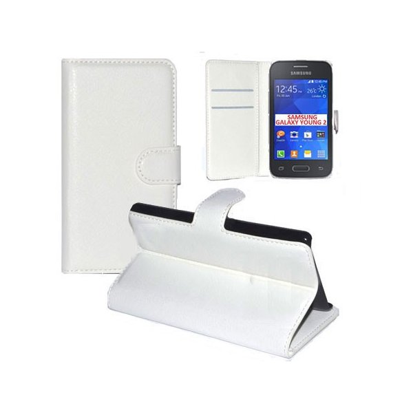 CUSTODIA FLIP ORIZZONTALE PELLE per SAMSUNG G130 GALAXY YOUNG 2 CON STAND, TASCHE PORTA CARTE E CHIUSURA MAGNETICA BIANCO