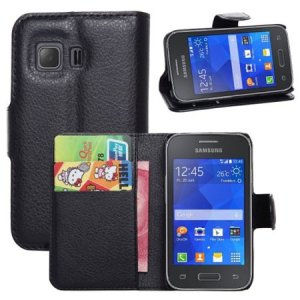 CUSTODIA FLIP ORIZZONTALE PELLE per SAMSUNG G130 GALAXY YOUNG 2 CON STAND, TASCHE PORTA CARTE E CHIUSURA MAGNETICA NERO