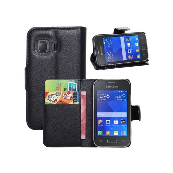 CUSTODIA FLIP ORIZZONTALE PELLE per SAMSUNG G130 GALAXY YOUNG 2 CON STAND, TASCHE PORTA CARTE E CHIUSURA MAGNETICA NERO