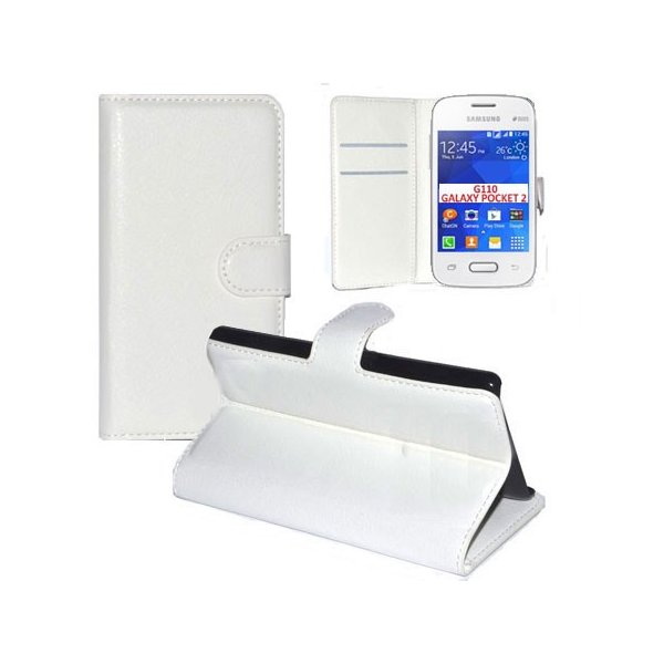 CUSTODIA FLIP ORIZZONTALE PELLE per SAMSUNG G110 GALAXY POCKET 2 CON STAND, TASCHE PORTA CARTE E CHIUSURA MAGNETICA BIANCO