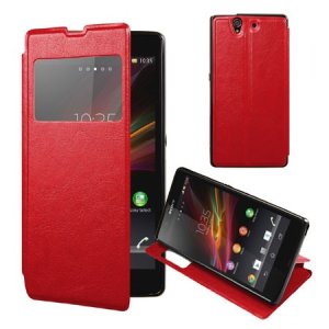 CUSTODIA FLIP ORIZZONTALE PELLE per SONY XPERIA T3 D5102, D5103, D5106  CON STAND, FINESTRA ID ED INTERNO IN TPU COLORE ROSSO