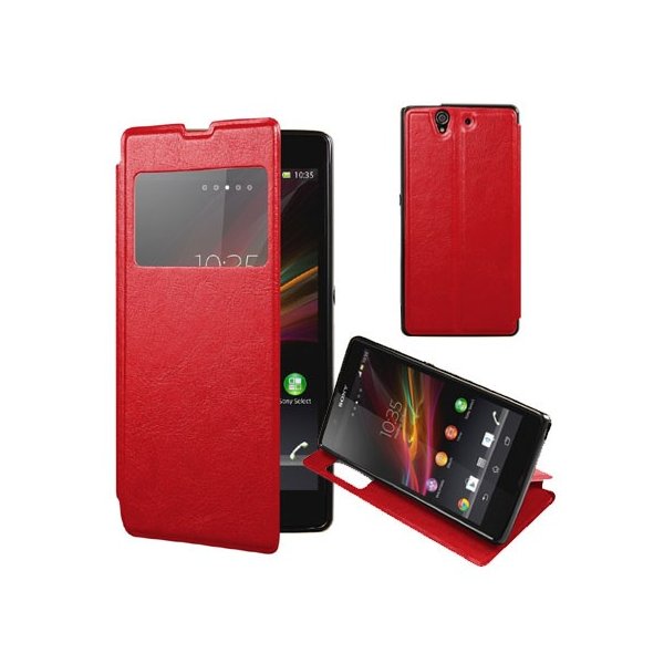 CUSTODIA FLIP ORIZZONTALE PELLE per SONY XPERIA T3 D5102, D5103, D5106  CON STAND, FINESTRA ID ED INTERNO IN TPU COLORE ROSSO