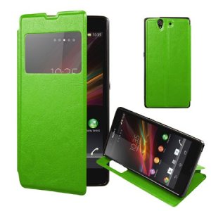 CUSTODIA FLIP ORIZZONTALE PELLE per SONY XPERIA T3 D5102, D5103, D5106  CON STAND, FINESTRA ID ED INTERNO IN TPU COLORE VERDE