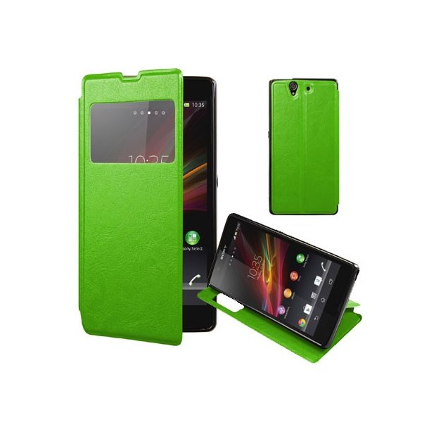 CUSTODIA FLIP ORIZZONTALE PELLE per SONY XPERIA T3 D5102, D5103, D5106  CON STAND, FINESTRA ID ED INTERNO IN TPU COLORE VERDE