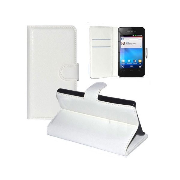 CUSTODIA FLIP ORIZZONTALE PELLE per VODAFONE SMART MINI 875, ALCATEL ONE TOUCH T'POP, 4010D, 4010E CON STAND COLORE BIANCO