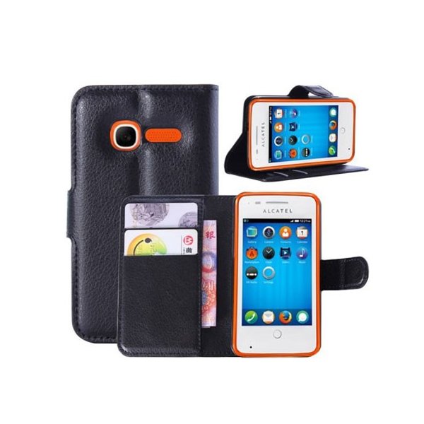 CUSTODIA FLIP ORIZZONTALE PELLE per VODAFONE SMART MINI 875, ALCATEL ONE TOUCH T'POP, 4010D, 4010E CON STAND COLORE NERO