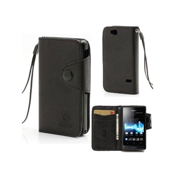 CUSTODIA BOOK ORIZZONTALE PELLE per SONY ST27I XPERIA GO CON INTERNO IN TPU SILICONE, STAND E TASCHE PORTA CARTE COLORE NERO