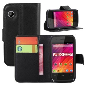 CUSTODIA FLIP ORIZZONTALE PELLE per WIKO OZZY CON STAND, PORTA CARTE E CHIUSURA MAGNETICA COLORE NERO