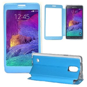 CUSTODIA FLIP ORIZZONTALE PELLE per SAMSUNG GALAXY NOTE 4 CON FINESTRA GRANDE, INTERNO IN TPU SILICONE E STAND COLORE AZZURRO