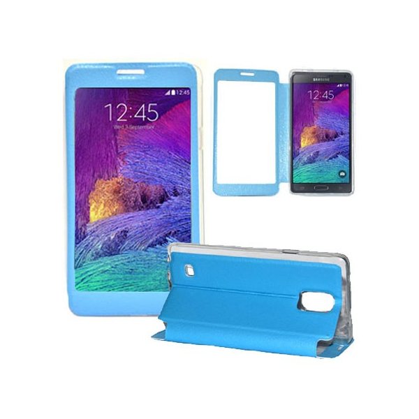 CUSTODIA FLIP ORIZZONTALE PELLE per SAMSUNG GALAXY NOTE 4 CON FINESTRA GRANDE, INTERNO IN TPU SILICONE E STAND COLORE AZZURRO