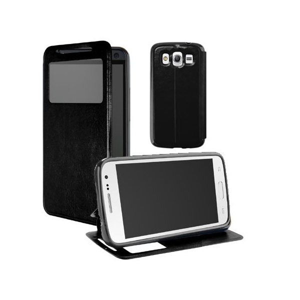 CUSTODIA FLIP ORIZZONTALE PELLE per SAMSUNG G357 GALAXY ACE 4 CON STAND, FINESTRA ID ED INTERNO IN TPU SILICONE COLORE NERO