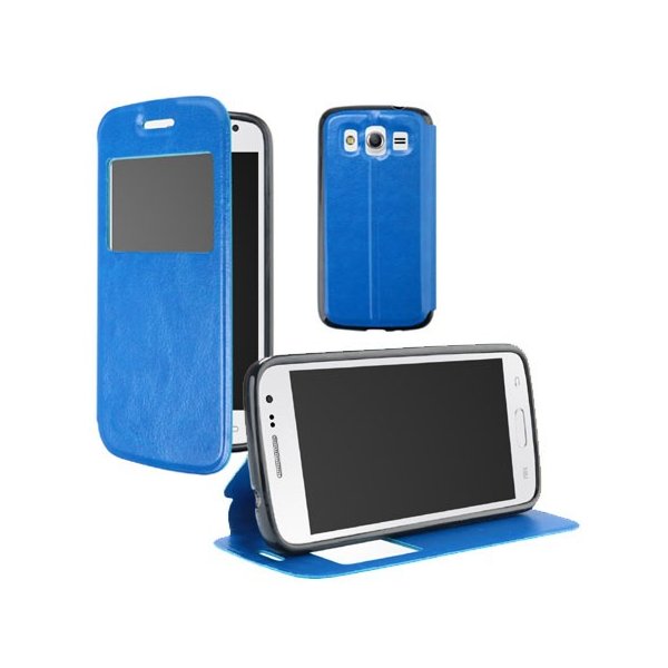 CUSTODIA FLIP ORIZZONTALE PELLE per SAMSUNG G357 GALAXY ACE 4 CON STAND, FINESTRA ID ED INTERNO IN TPU SILICONE COLORE BLU