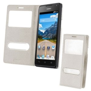 CUSTODIA FLIP COVER ORIZZONTALE PELLE per HUAWEI ASCEND Y530 CON DOPPIA FINESTRA IDENTIFICATIVO CHIAMANTE COLORE BIANCO