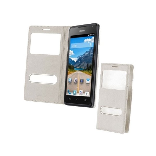 CUSTODIA FLIP COVER ORIZZONTALE PELLE per HUAWEI ASCEND Y530 CON DOPPIA FINESTRA IDENTIFICATIVO CHIAMANTE COLORE BIANCO