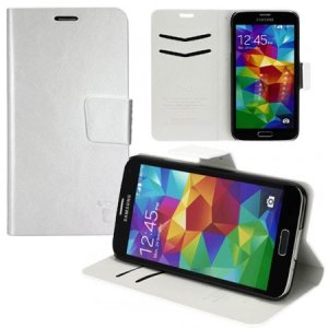 CUSTODIA FLIP ORIZZONTALE SIMILPELLE per SAMSUNG G900F GALAXY S5, S5 NEO G903F CON STAND E PORTA CARTE COLORE BIANCO