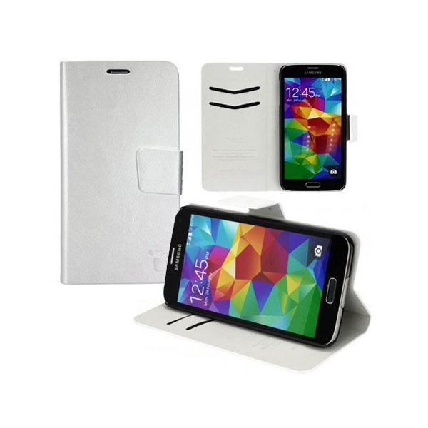 CUSTODIA FLIP ORIZZONTALE SIMILPELLE per SAMSUNG G900F GALAXY S5, S5 NEO G903F CON STAND E PORTA CARTE COLORE BIANCO