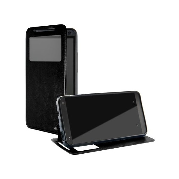 CUSTODIA FLIP ORIZZONTALE PELLE per HTC DESIRE 616 CON STAND, FINESTRA ID ED INTERNO IN TPU SILICONE COLORE NERO