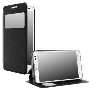 CUSTODIA FLIP ORIZZONTALE SIMILPELLE per LG L FINO, D290N, D295 CON STAND, FINESTRA ID ED INTERNO IN TPU SILICONE COLORE NERO