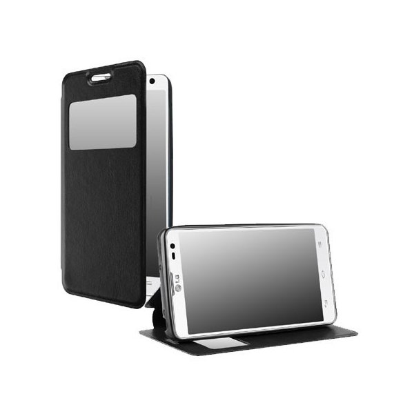 CUSTODIA FLIP ORIZZONTALE SIMILPELLE per LG L FINO, D290N, D295 CON STAND, FINESTRA ID ED INTERNO IN TPU SILICONE COLORE NERO