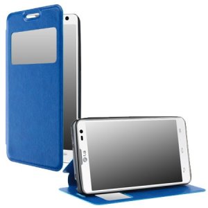 CUSTODIA FLIP ORIZZONTALE SIMILPELLE per LG L FINO, D290N, D295 CON STAND, FINESTRA ID ED INTERNO IN TPU SILICONE COLORE BLU