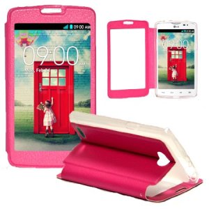 CUSTODIA FLIP ORIZZONTALE PELLE per LG L80 DUAL, D380 CON FINESTRA GRANDE, INTERNO IN TPU SILICONE E STAND COLORE ROSA