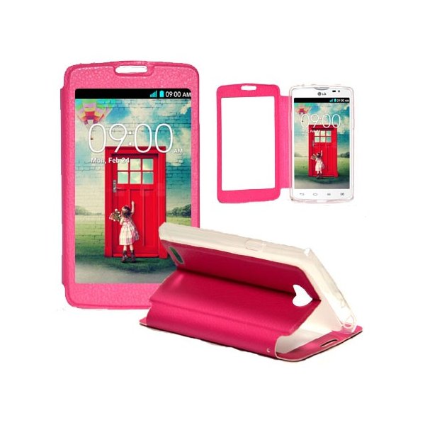 CUSTODIA FLIP ORIZZONTALE PELLE per LG L80 DUAL, D380 CON FINESTRA GRANDE, INTERNO IN TPU SILICONE E STAND COLORE ROSA