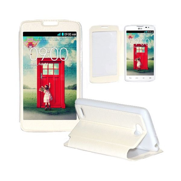 CUSTODIA FLIP ORIZZONTALE PELLE per LG L80 DUAL, D380 CON FINESTRA GRANDE, INTERNO IN TPU SILICONE E STAND COLORE BIANCO