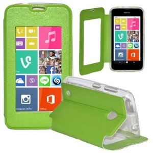 CUSTODIA FLIP ORIZZONTALE PELLE per NOKIA LUMIA 530 CON FINESTRA GRANDE, INTERNO IN TPU SILICONE E STAND COLORE VERDE