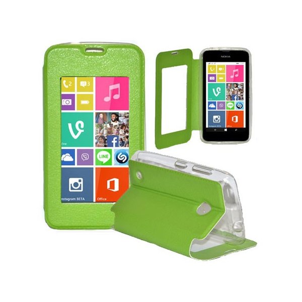 CUSTODIA FLIP ORIZZONTALE PELLE per NOKIA LUMIA 530 CON FINESTRA GRANDE, INTERNO IN TPU SILICONE E STAND COLORE VERDE